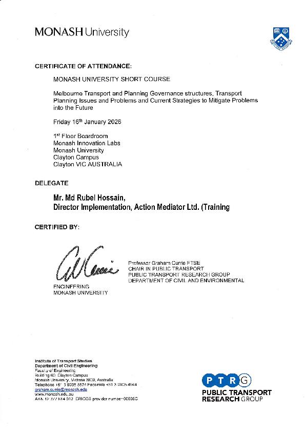 Certificate of Attendance — Monash University Short Course