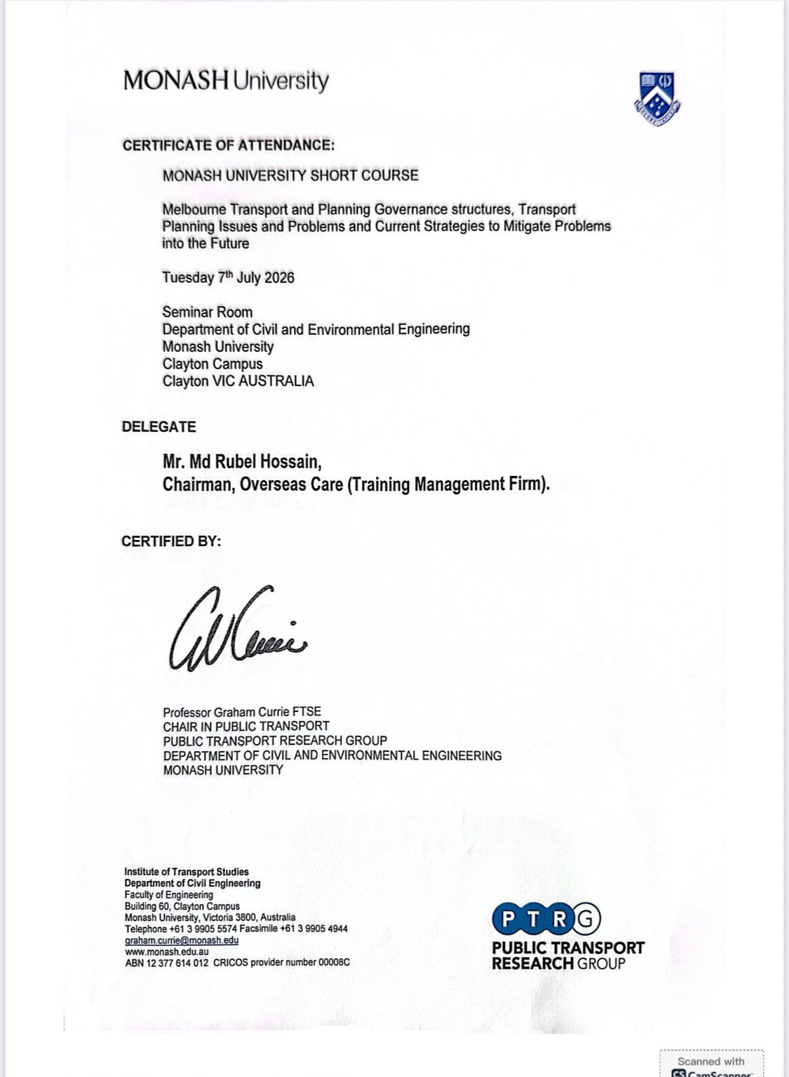 Certificate of Attendance — Monash University Short Course, issued to Mr. Md Rubel Hossain, Chairman, Overseas Care, certified by Professor Graham Currie FTSE