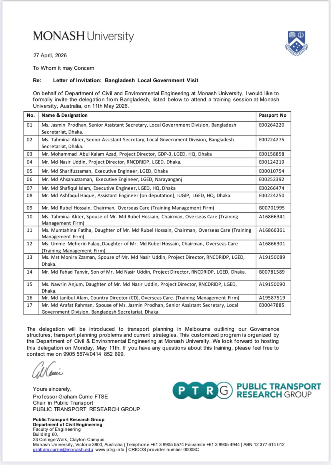 Letter of Invitation — Bangladesh Local Government Visit, Department of Civil and Environmental Engineering, Monash University